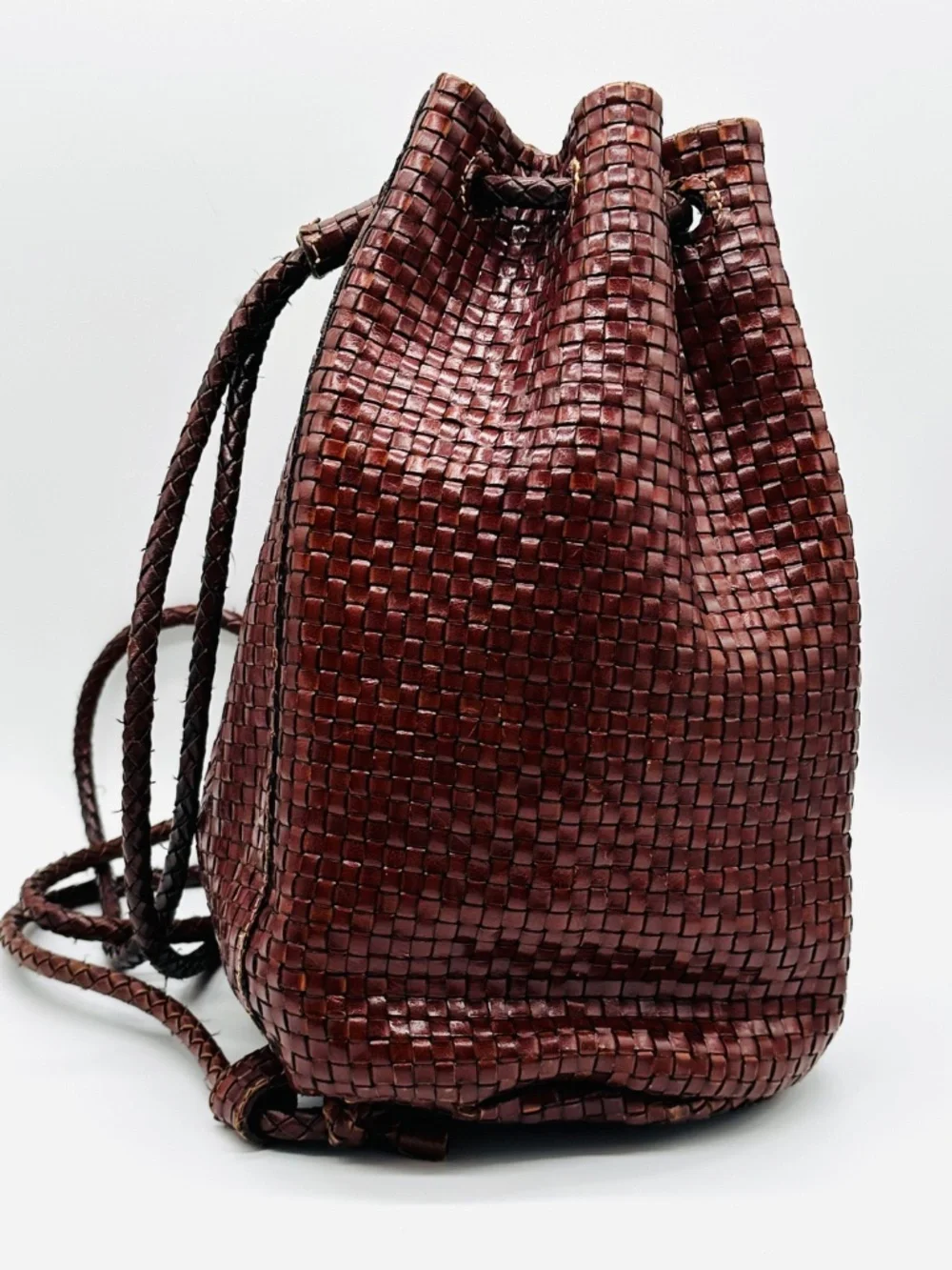 VTG DESMO Italy Woven Leather Backpack Brown Intrecciato Bucket Bag Boho